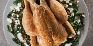Chapon Fermier d'Auvergne Label Rouge simplement rôti, florentine d'épinards aux raisins et aux pignons de pins, émulsion de riz basmati au lait de coco